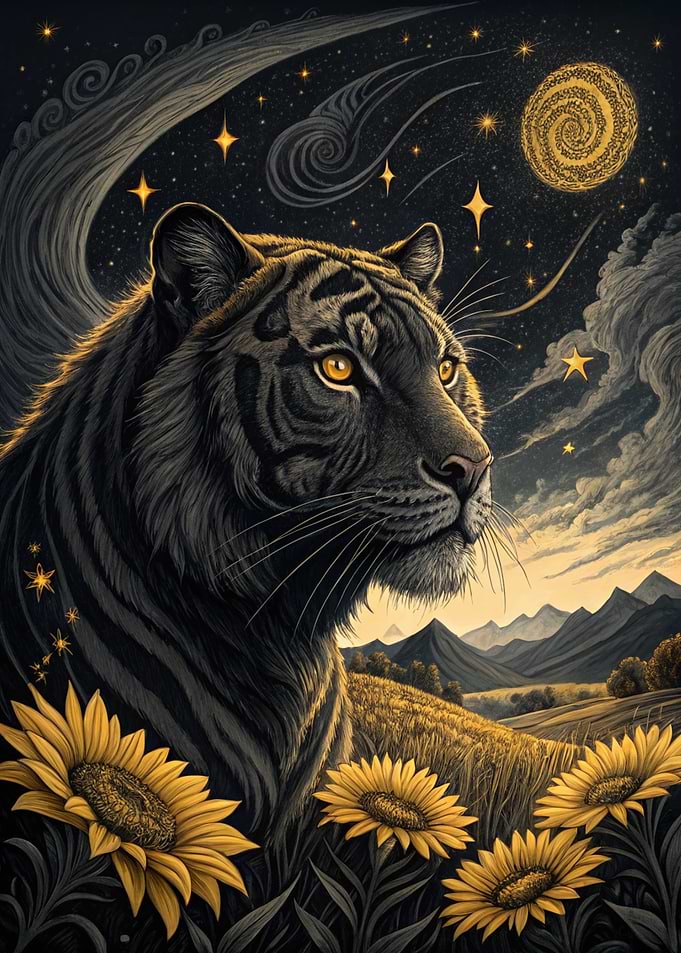 Tiger in a Starry Sunflower Field