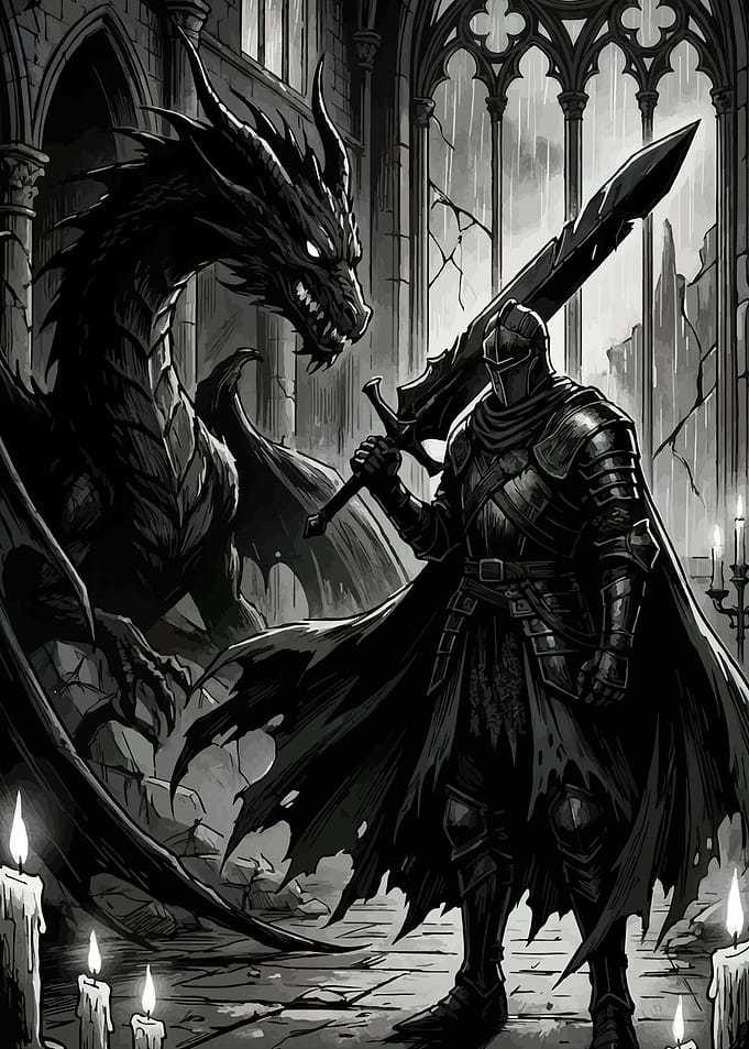 Knight vs Dragon in Gothic Cathedral