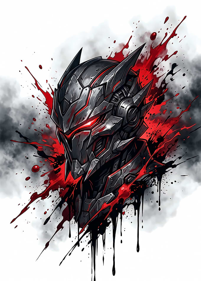 Cyberpunk Robot Head with Red Splatter