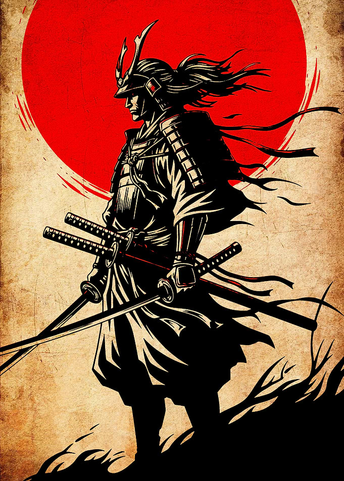 Samurai Warrior with Swords and Red Sun