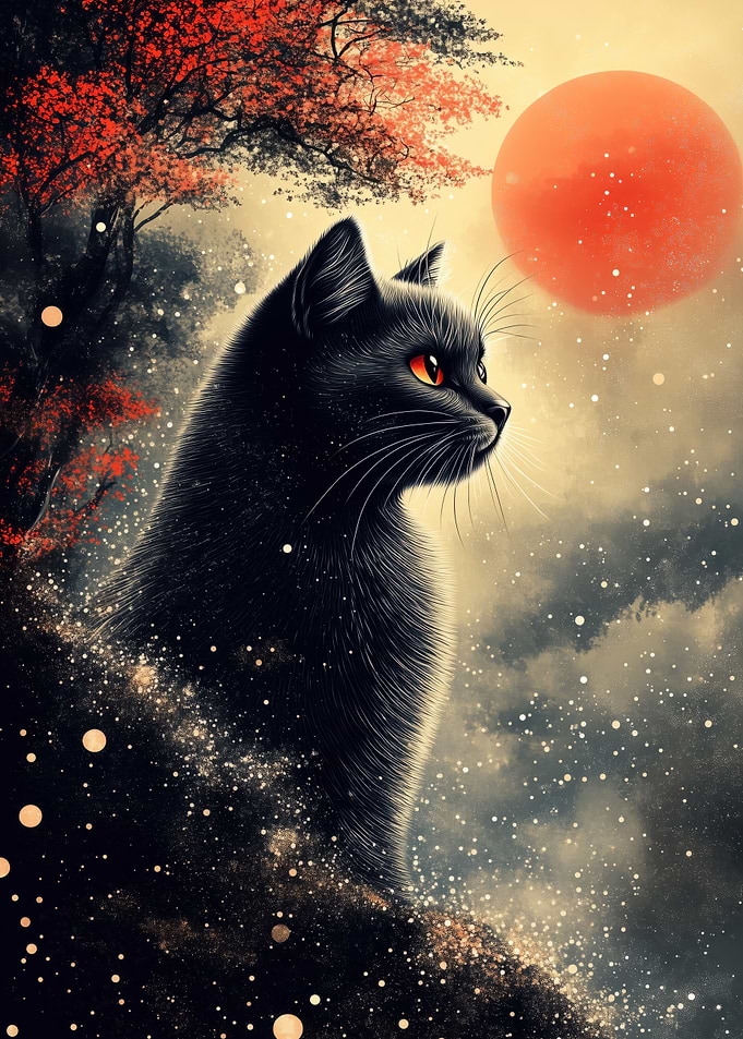 Black Cat Under a Red Moon