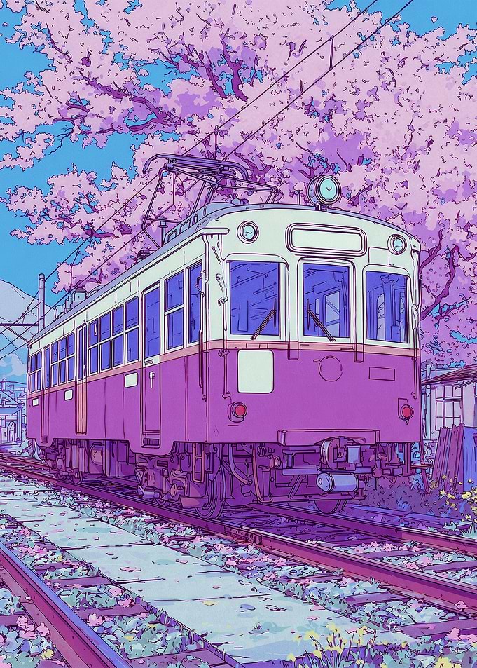 Anime Train Under Cherry Blossoms
