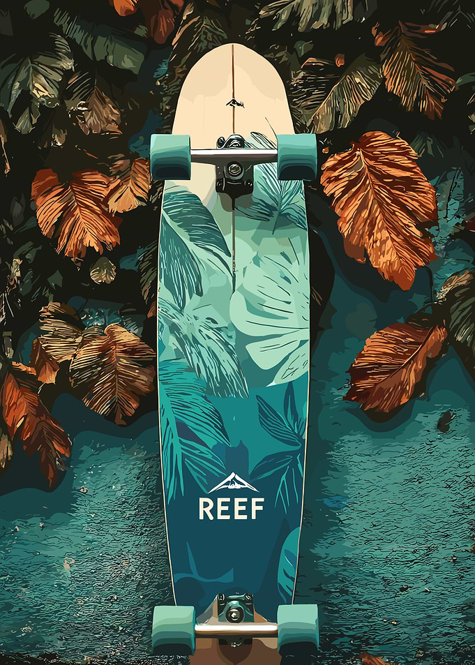 Longboard with tropical leaf design