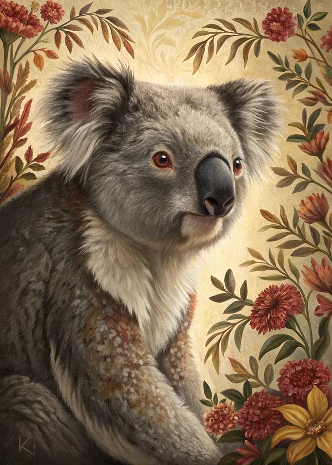 Koala surrounded by flowers