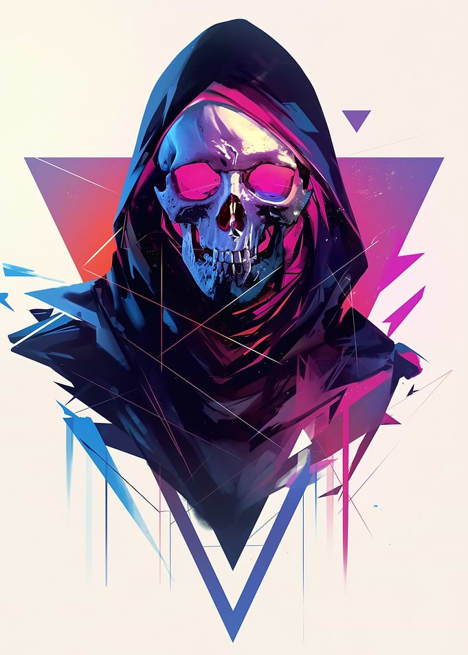 Grim Reaper Skull with Neon Triangles