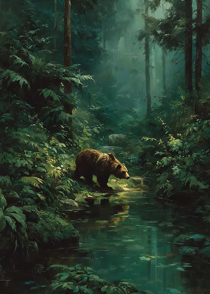 Bear in a misty forest stream