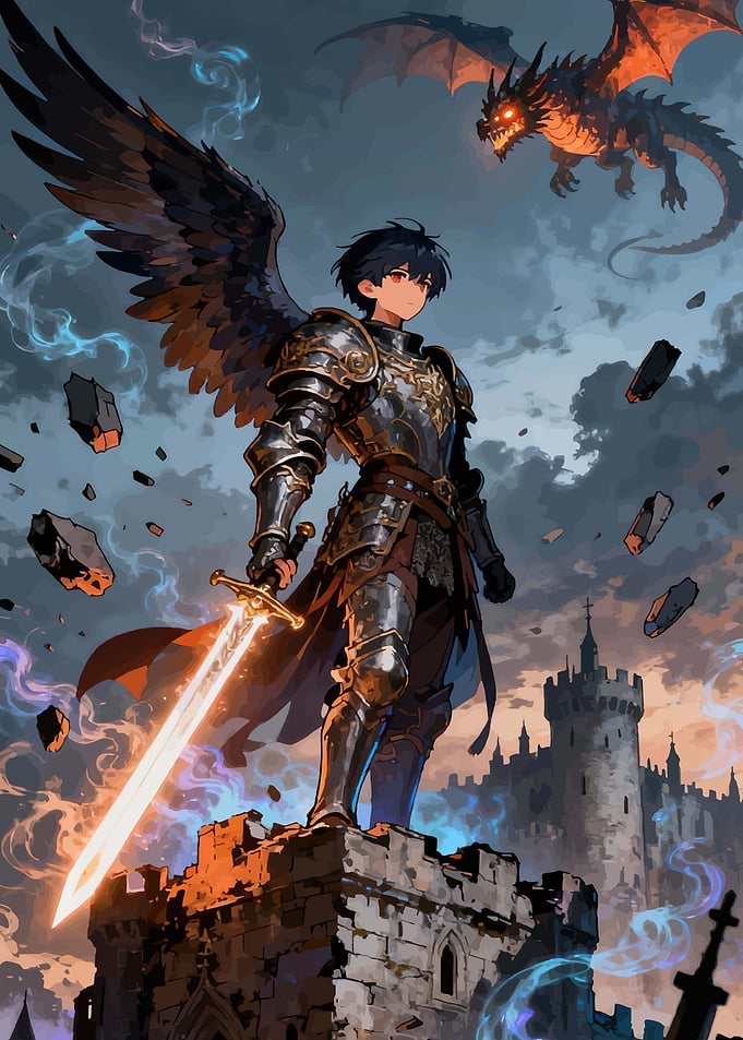 Anime Knight Facing Dragon