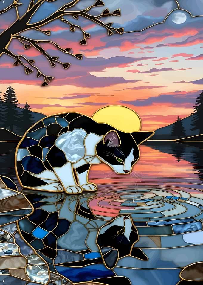Stained Glass Cat by Water