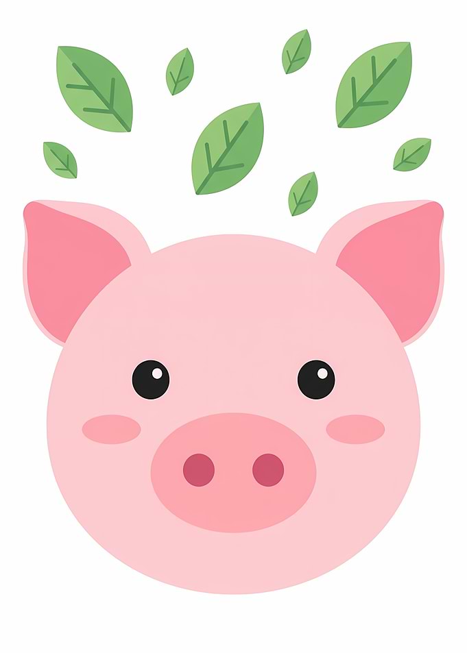 Cute Pig with Green Leaves