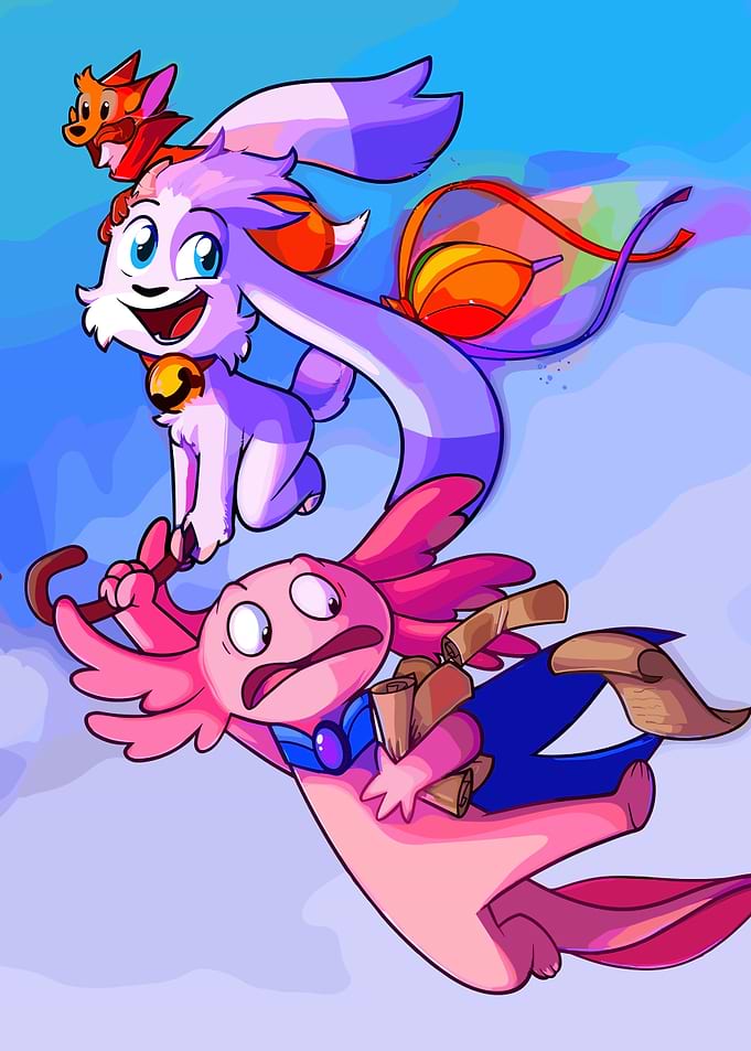 Cute cartoon characters flying in the sky