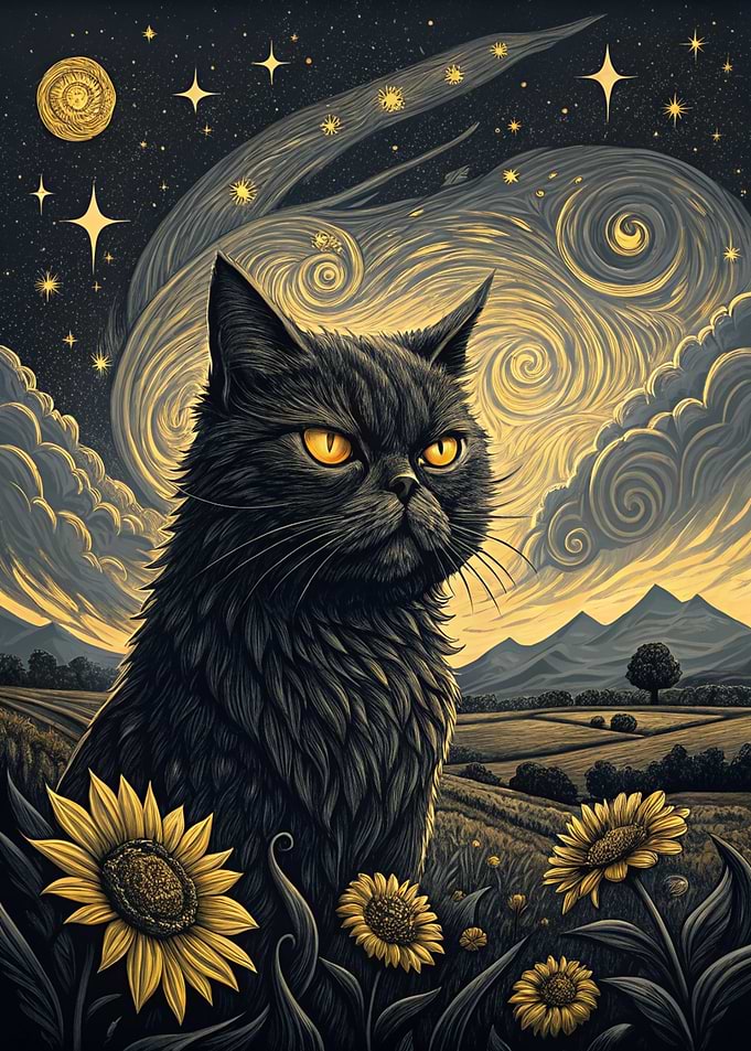 Black Cat in Starry Night Landscape