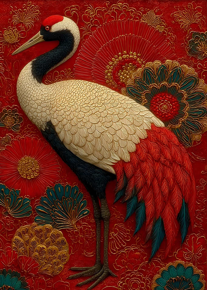 Red Crowned Crane with Floral Background