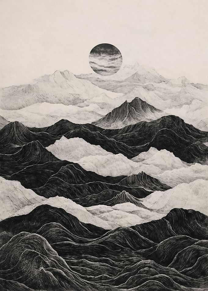 Surreal Mountain Landscape with Moon
