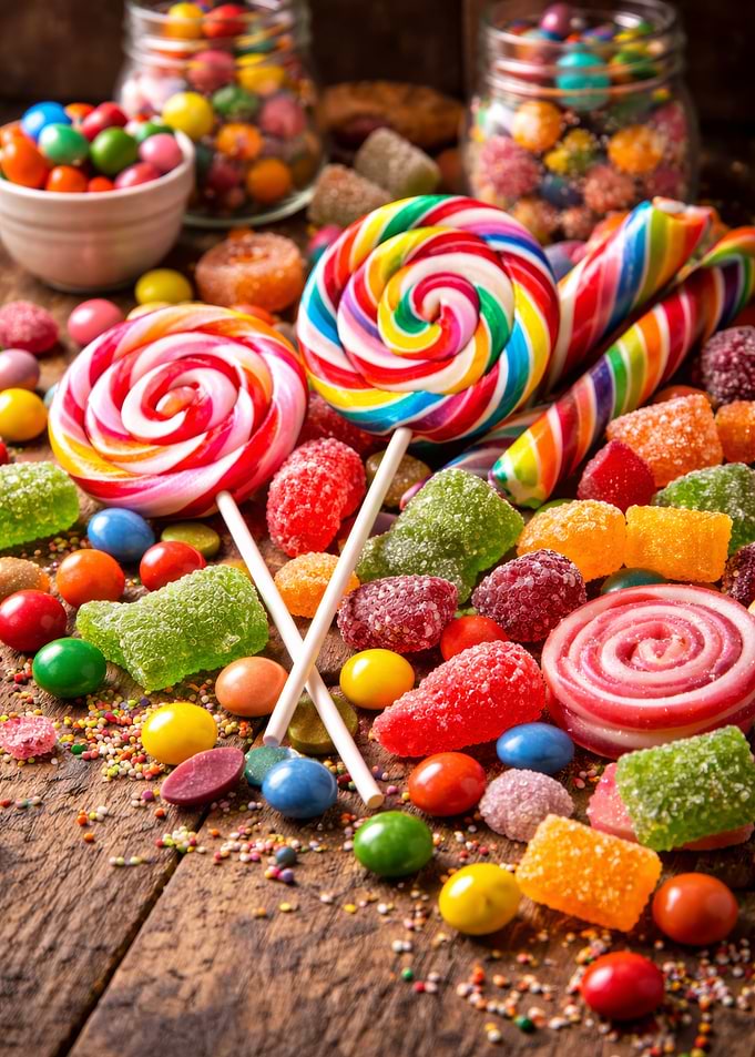 Assortment of Colorful Candies and Lollipops