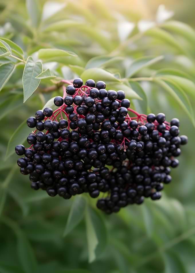Cluster of ripe elderberries