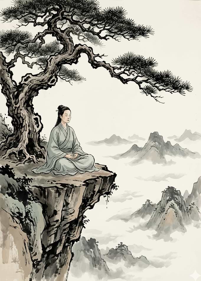 Meditating figure on a cliff
