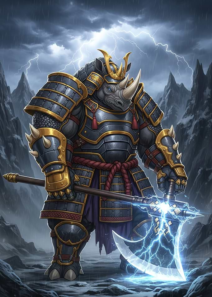 Rhino Samurai Warrior with Lightning Axe