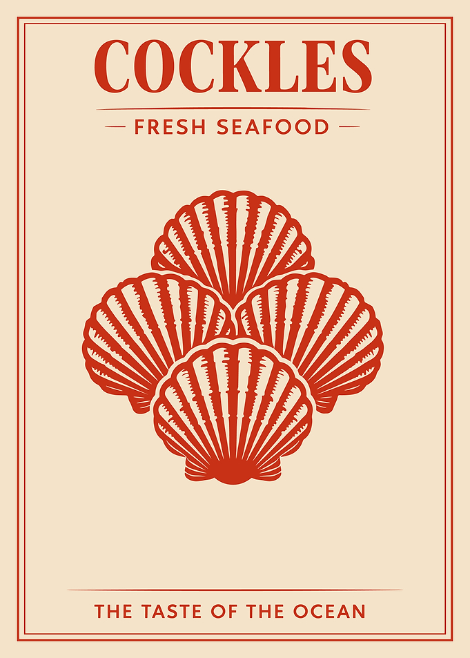 Cockles Seafood Poster, Vintage Ocean Market Wall Art, Retro Shellfish Print