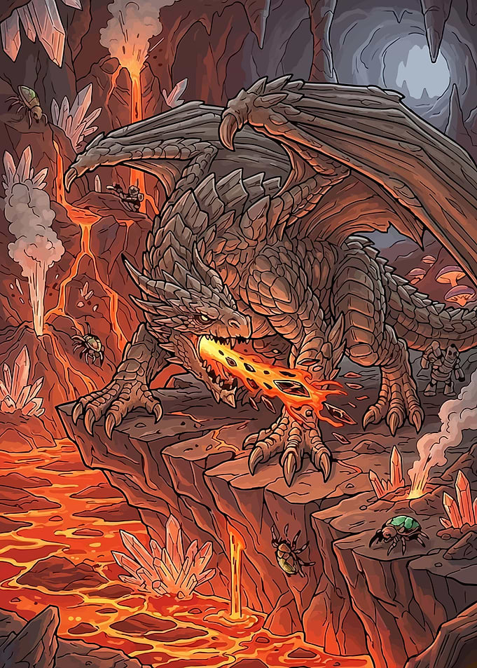 Dragon breathing fire in a cave