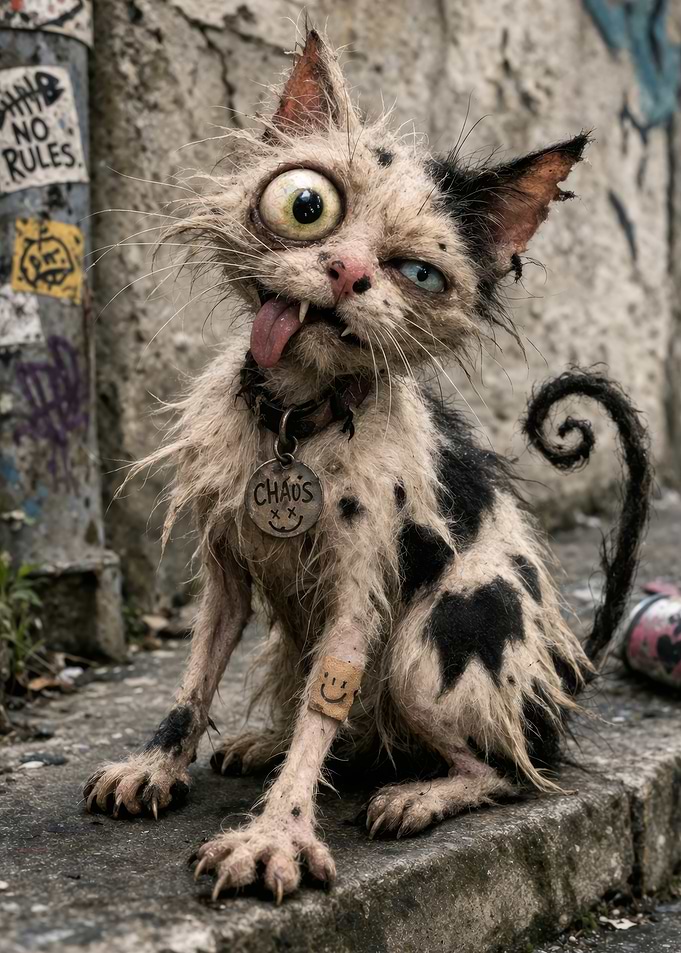 Grungy Cat with 'Chaos' Tag