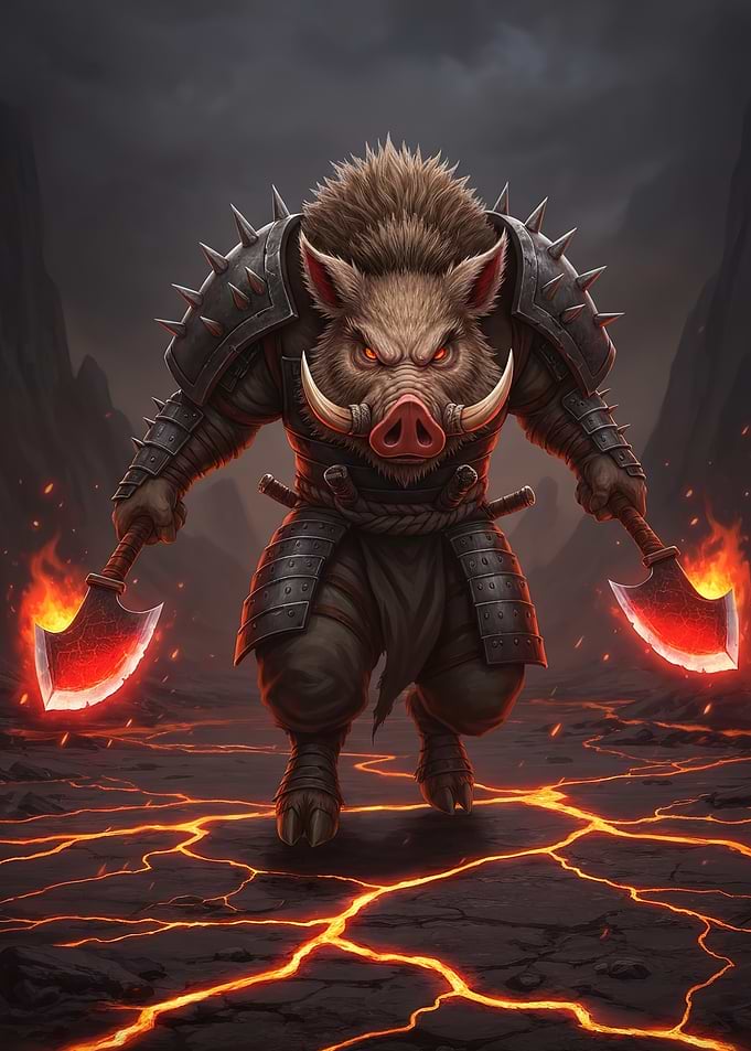Warrior Boar with Fiery Axes