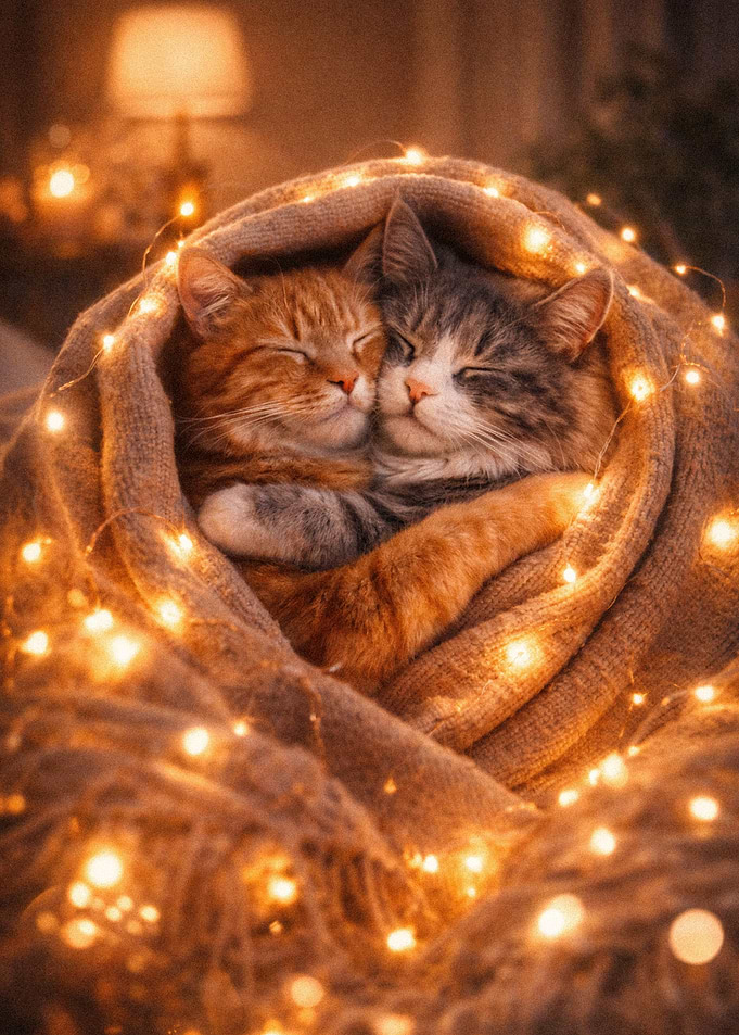 Two Cats Hugging Under Blanket