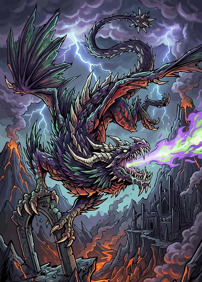 Dragon breathing fire in a volcanic landscape