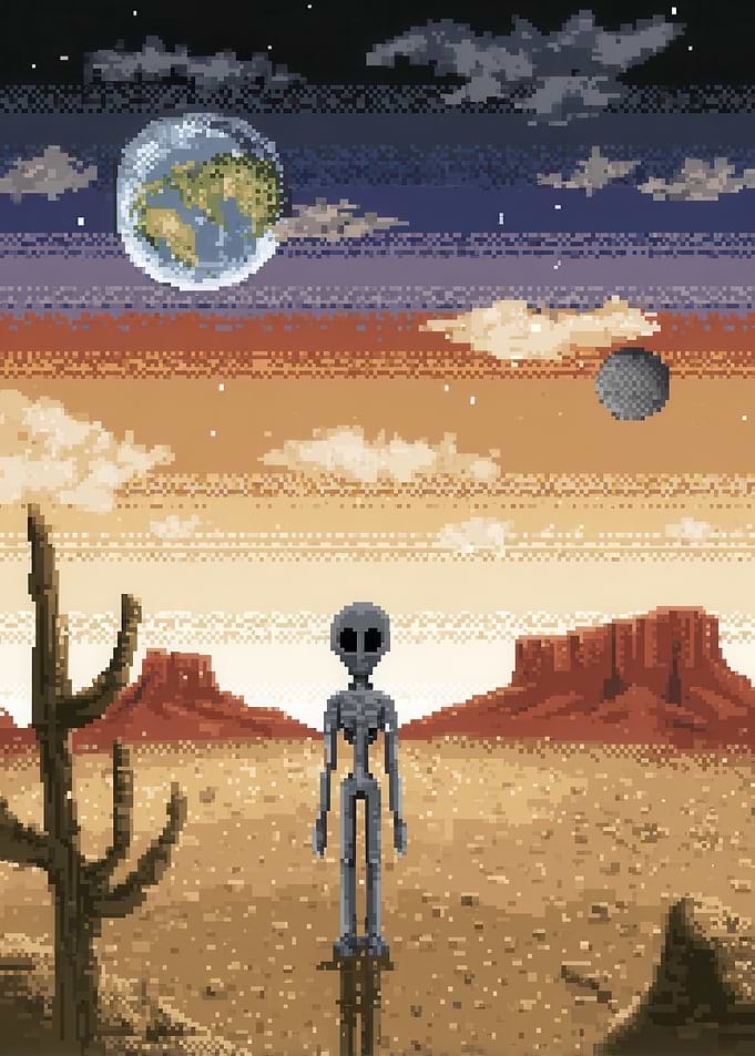 Alien in Desert Landscape with Earth