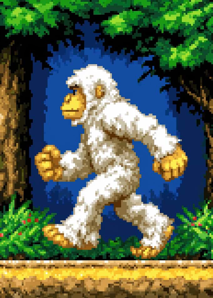 Pixelated White Ape Walking in Forest