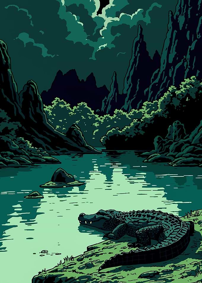 Alligator in a dark swamp landscape