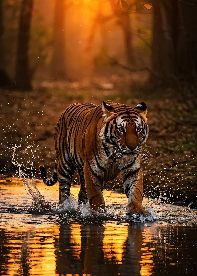 Tiger walking through water at sunset