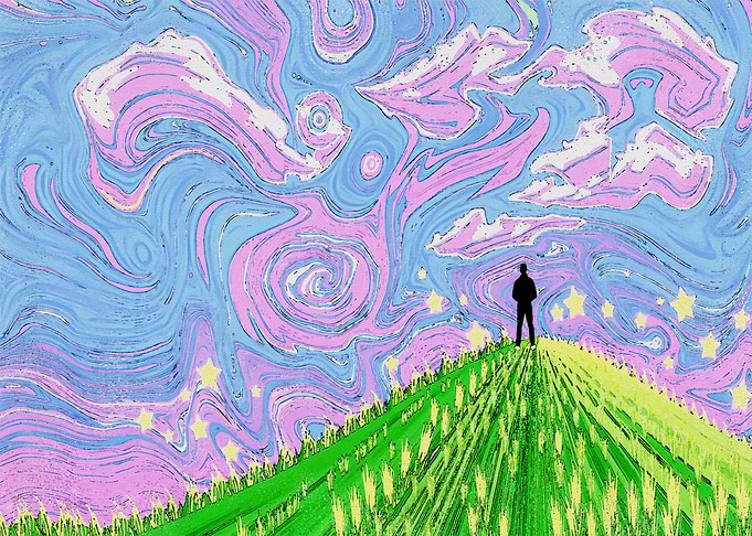 Man on Hill Under Starry Sky