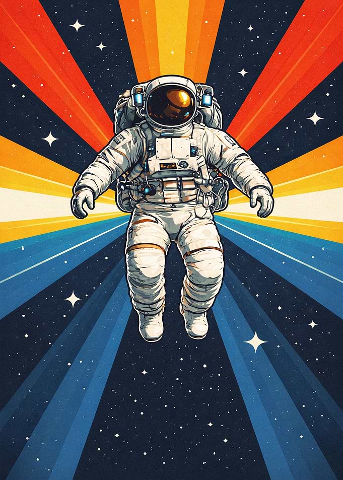 Astronaut floating in space with retro rays