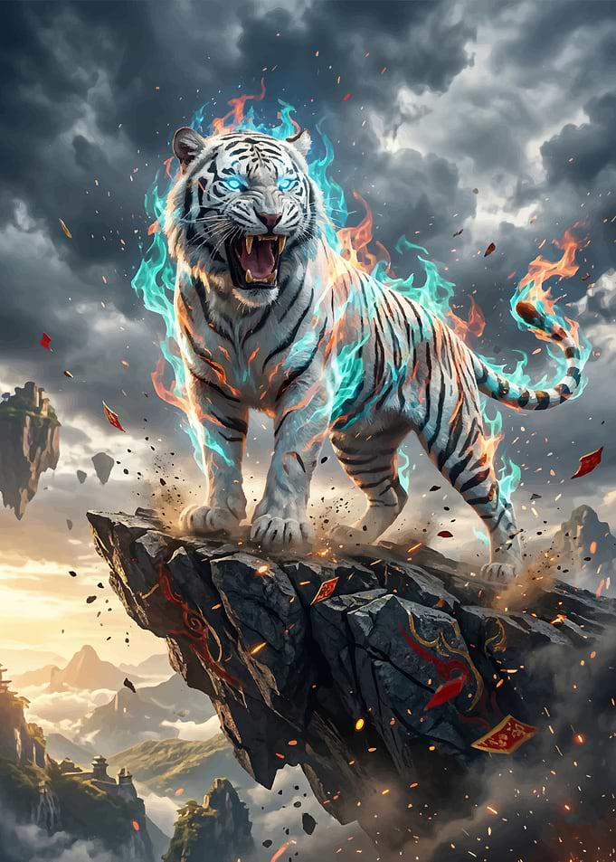Fiery White Tiger on Cliff