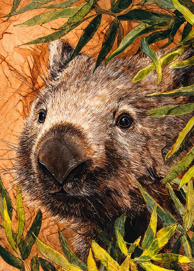 Detailed Wombat Illustration Earthy Leaves
