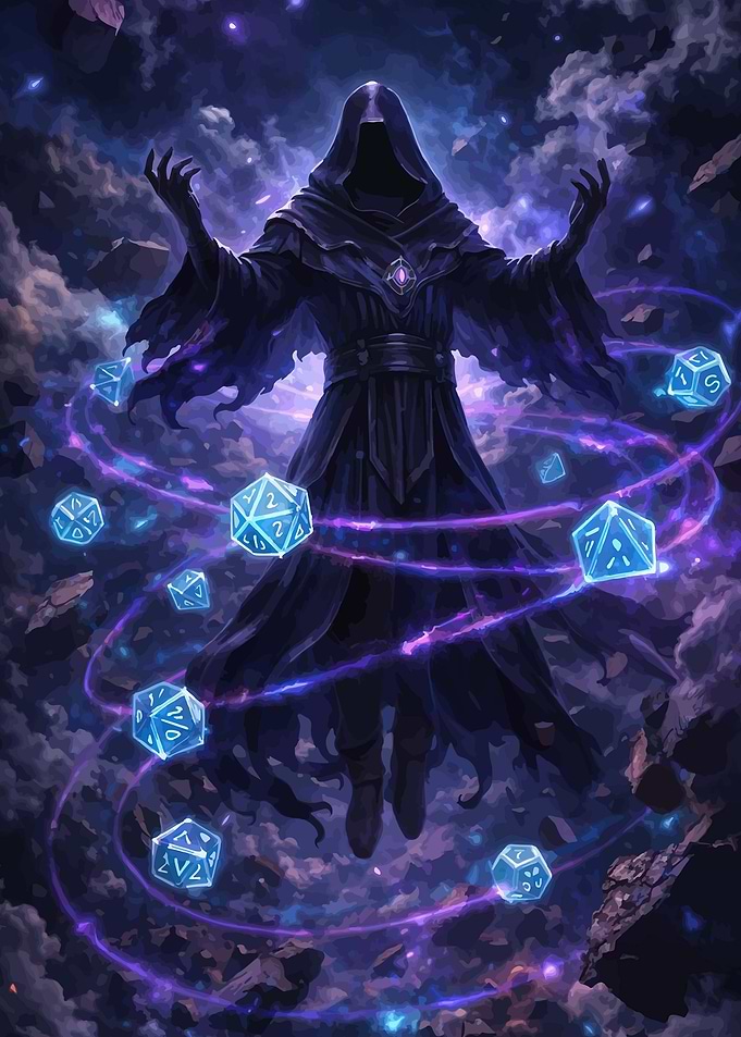 Mysterious hooded figure with glowing dice