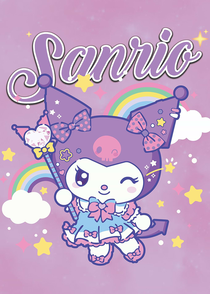 Kuromi with Sanrio Text and Rainbow