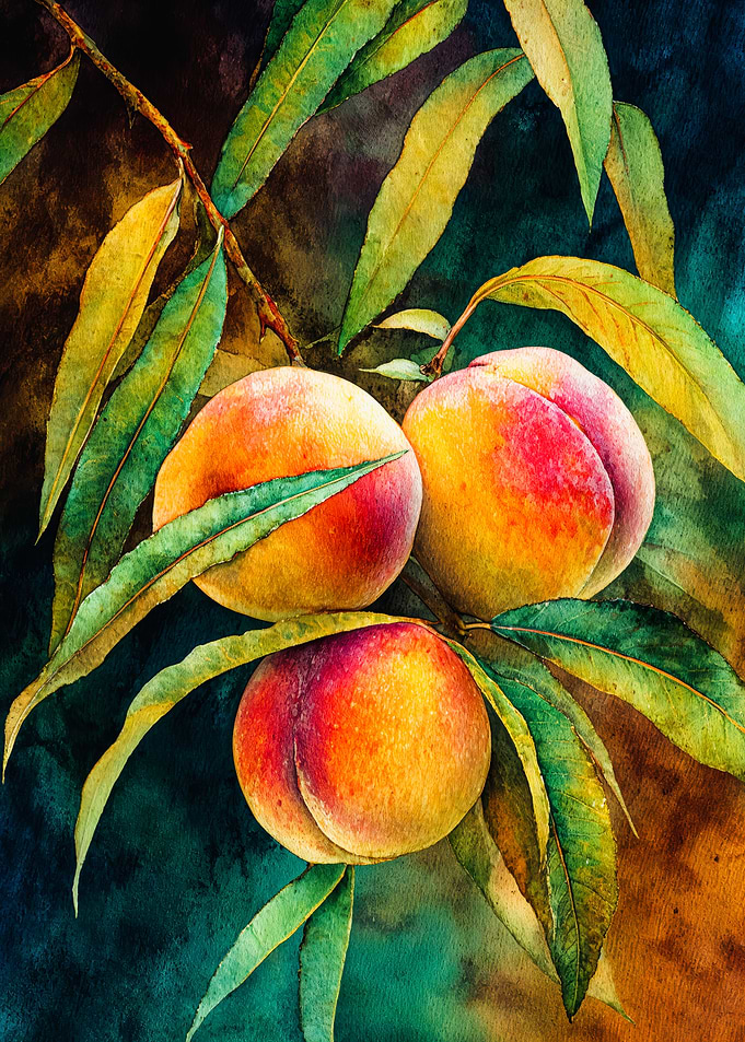 Vibrant Ripe Peaches Botanical Watercolor Art