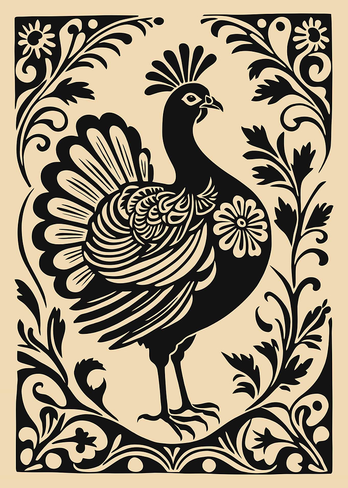 Peacock Silhouette with Floral Border