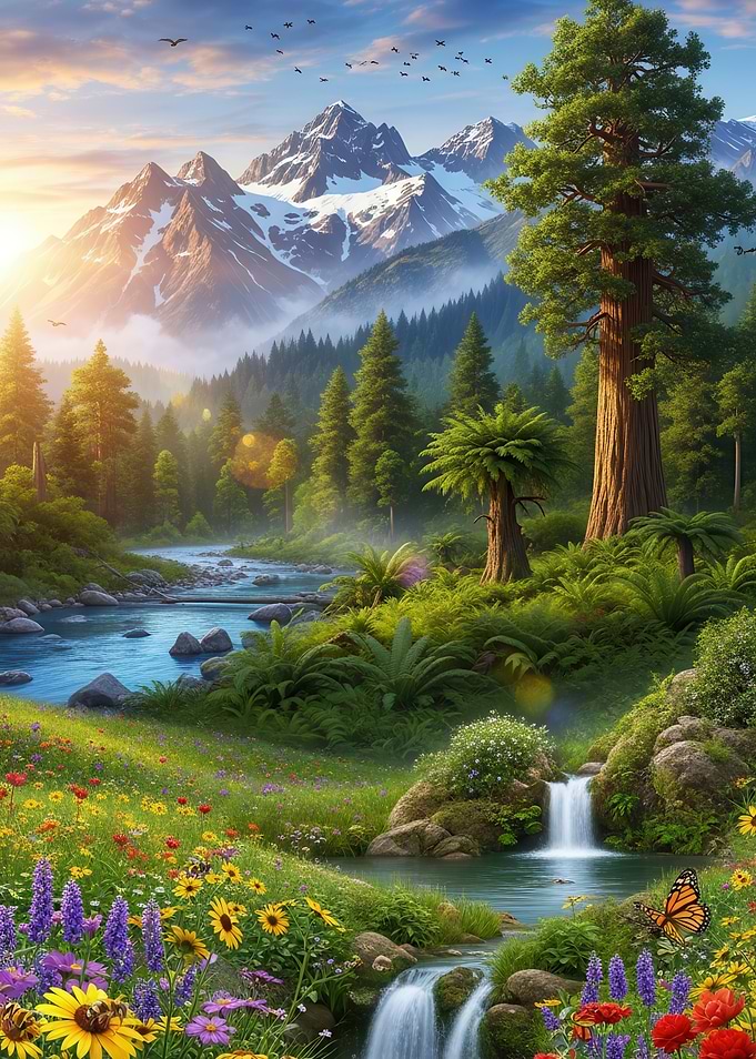 Serene Mountain Landscape with Waterfall and Flowers