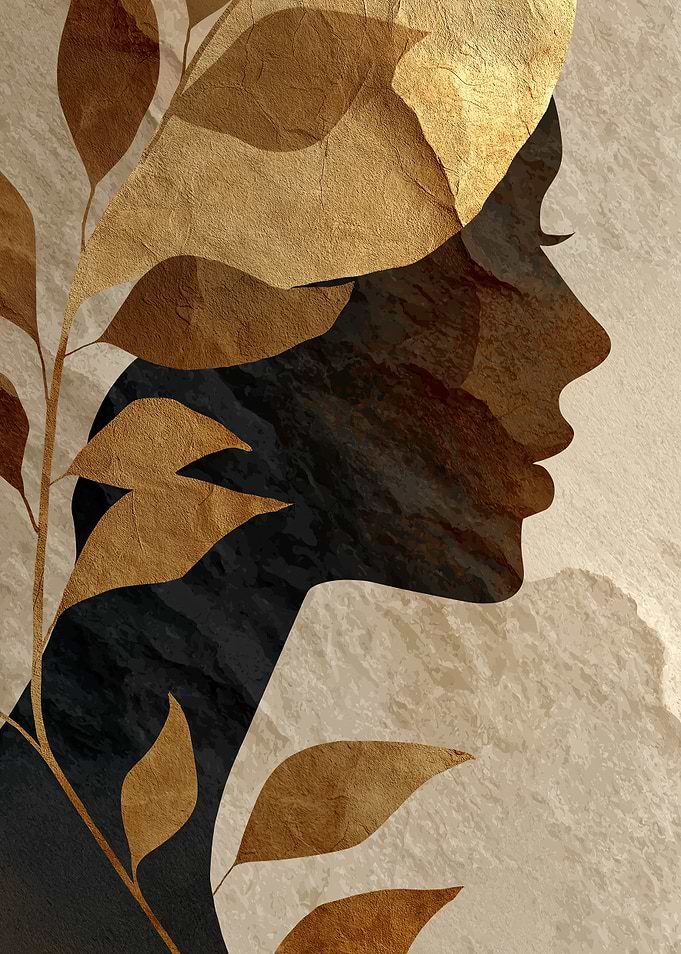 Abstract Woman Profile with Gold Leaves