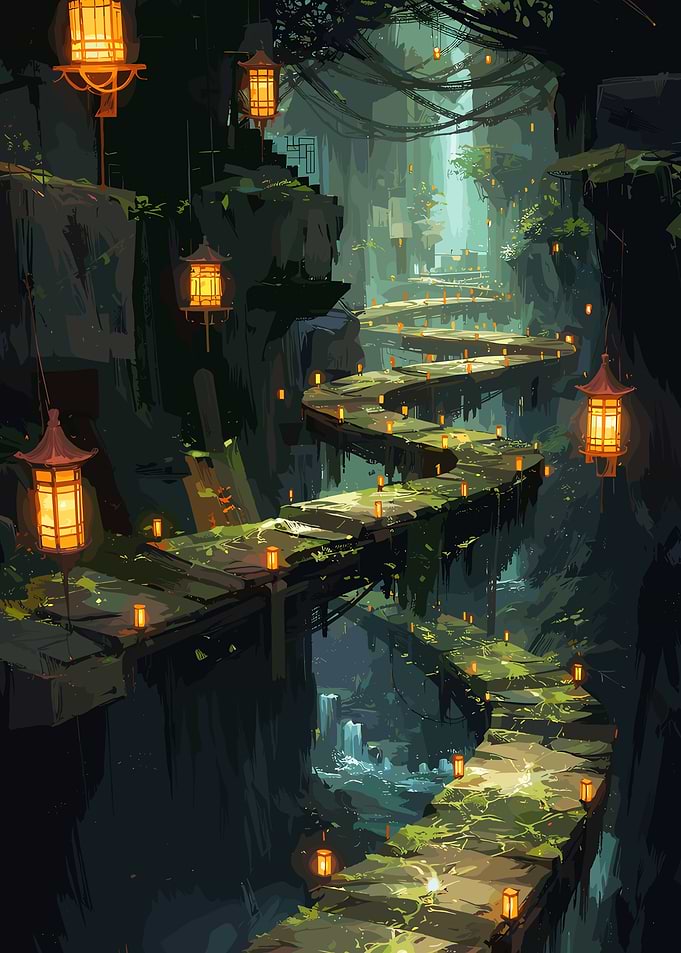 Enchanted Forest Path with Lanterns