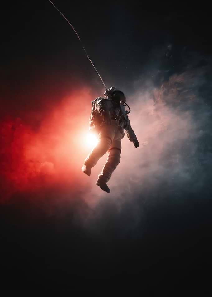 Astronaut Floating in Space with Red Nebula
