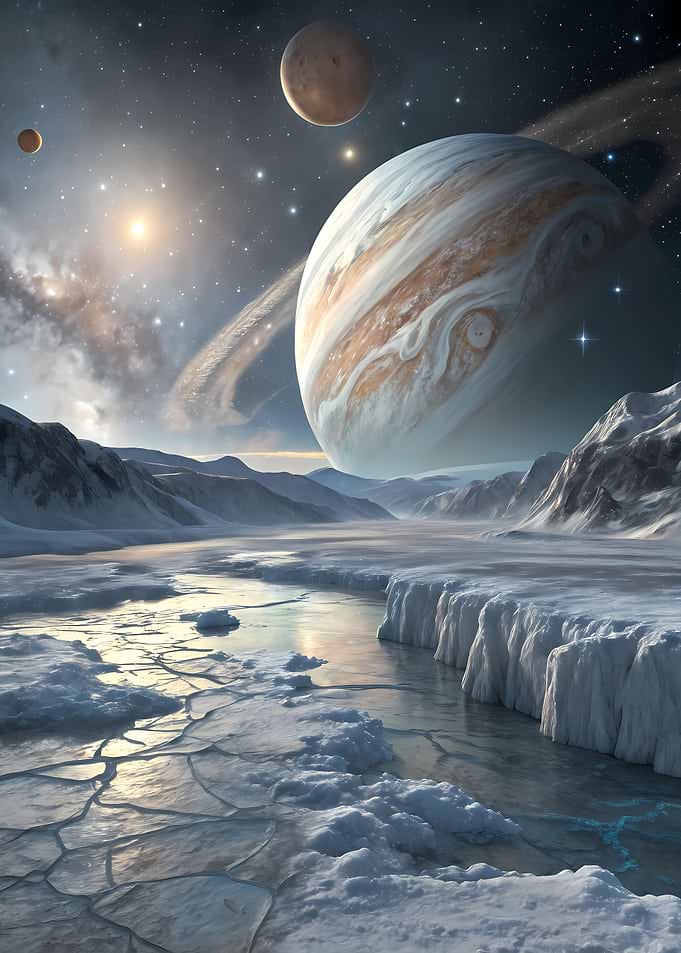Alien Icy Landscape with Jupiter