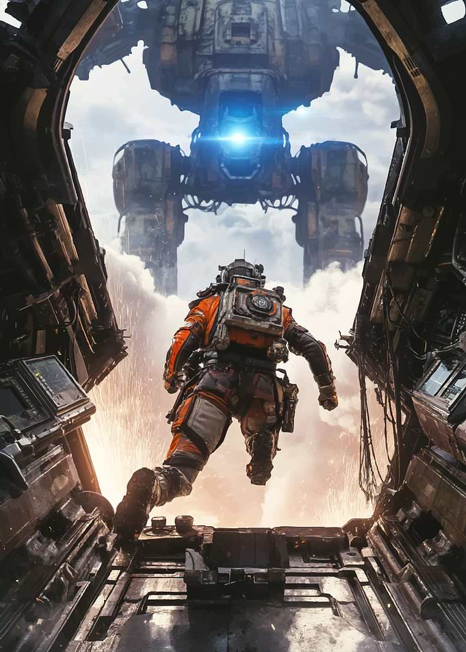 Pilot Jumps Towards Giant Mech