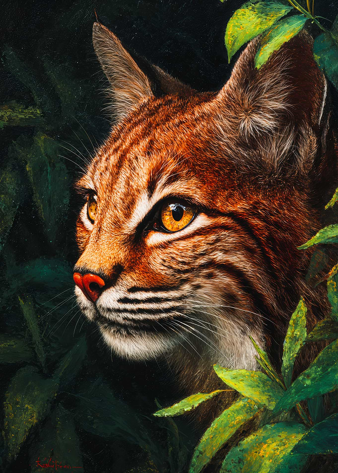Detailed Bobcat Painting Green Leaves