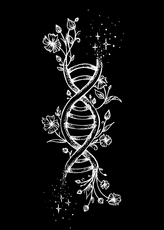 DNA Helix with Flowers and Stars