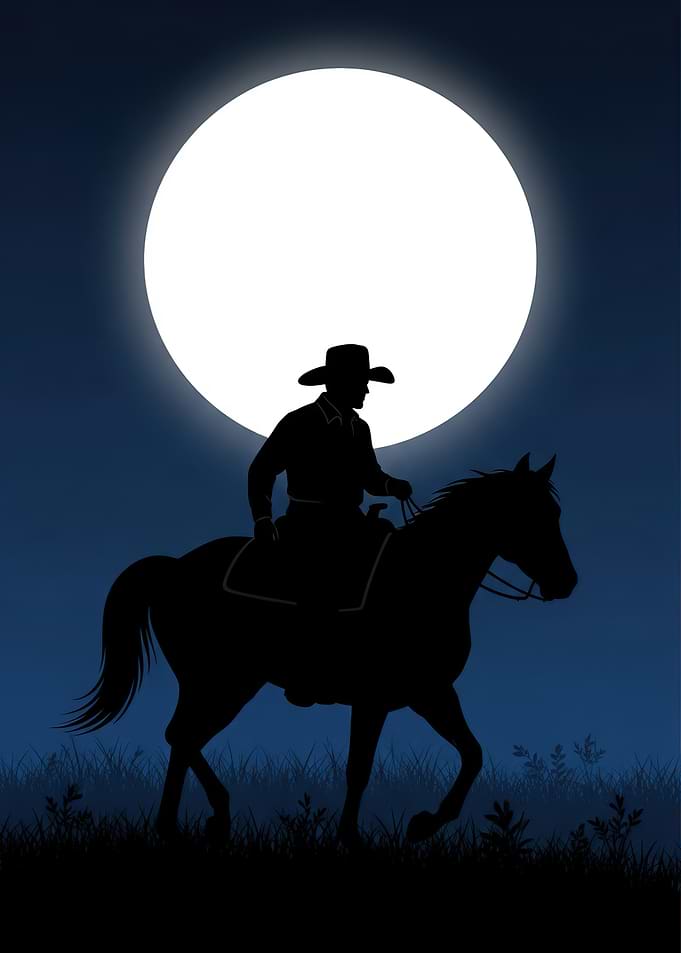 Cowboy riding horse under moon