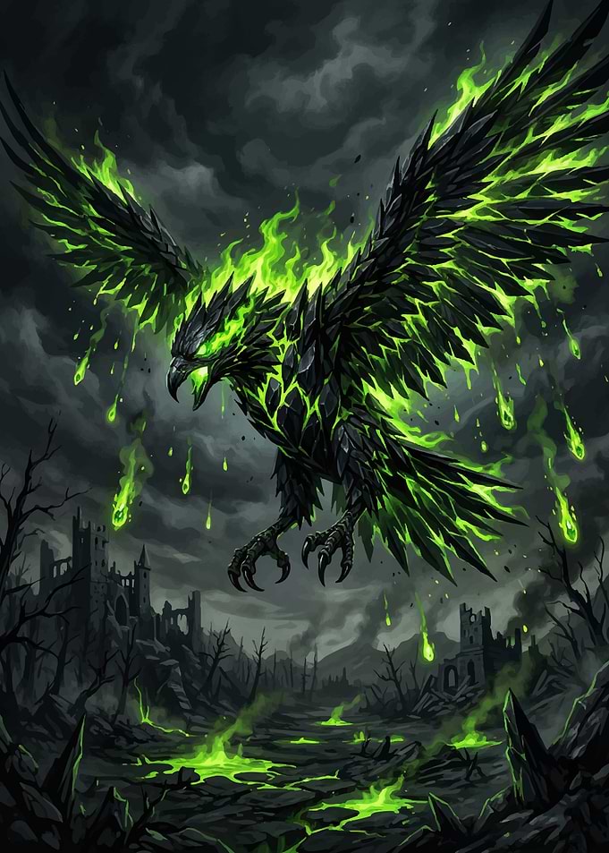 Fiery Phoenix Over Ruined Landscape