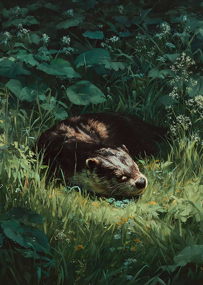 Otter sleeping in lush green grass